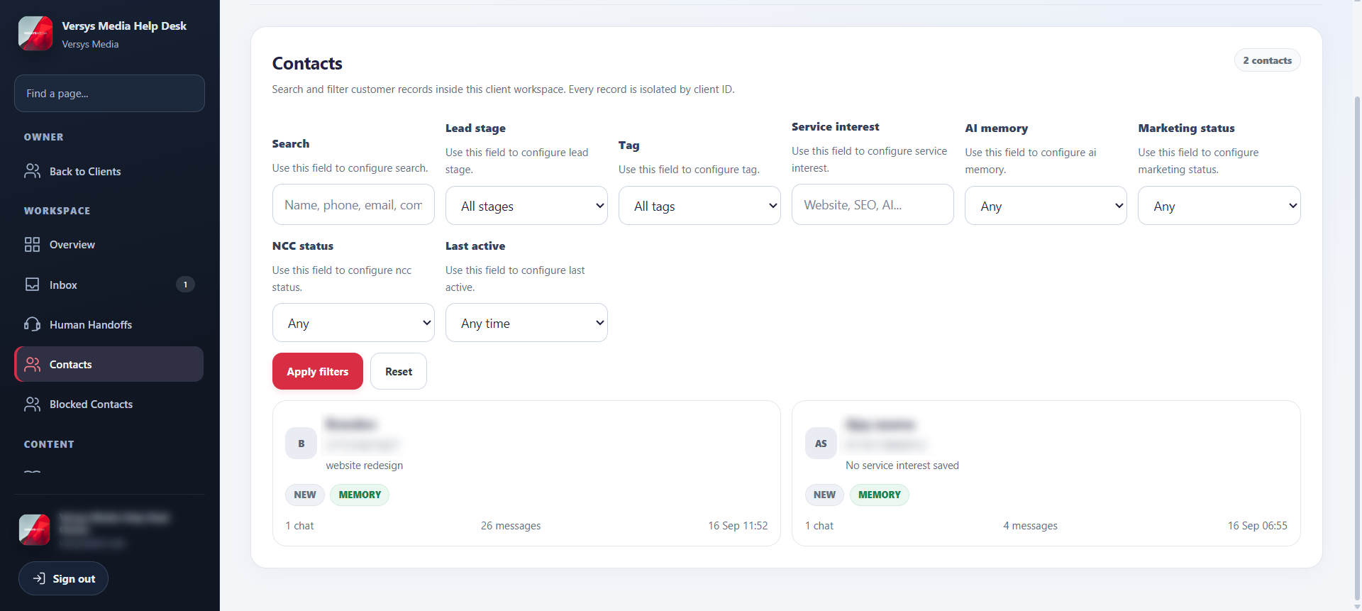 Contacts view with filters, customer records and AI memory indicators