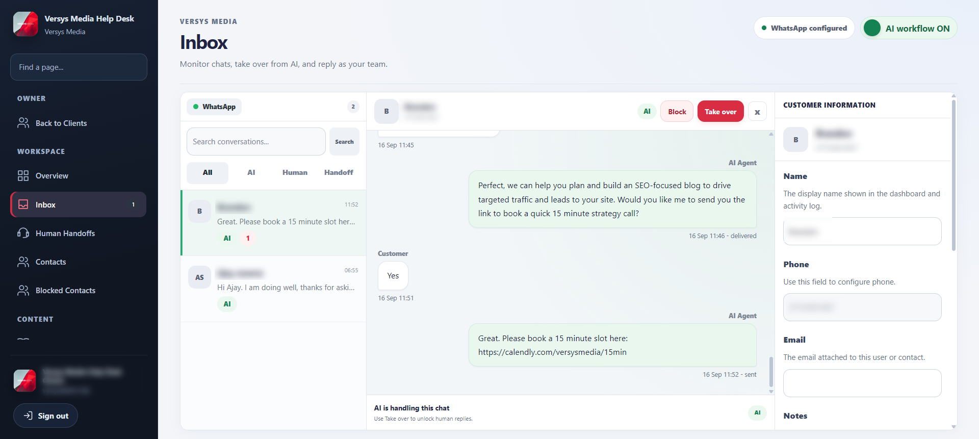 Help Desk inbox showing WhatsApp conversations, AI replies, human takeover controls and customer information