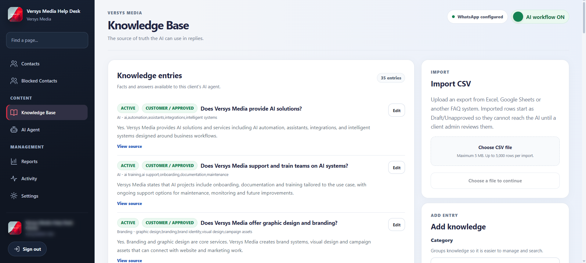 Knowledge Base view showing approved entries and CSV import tools